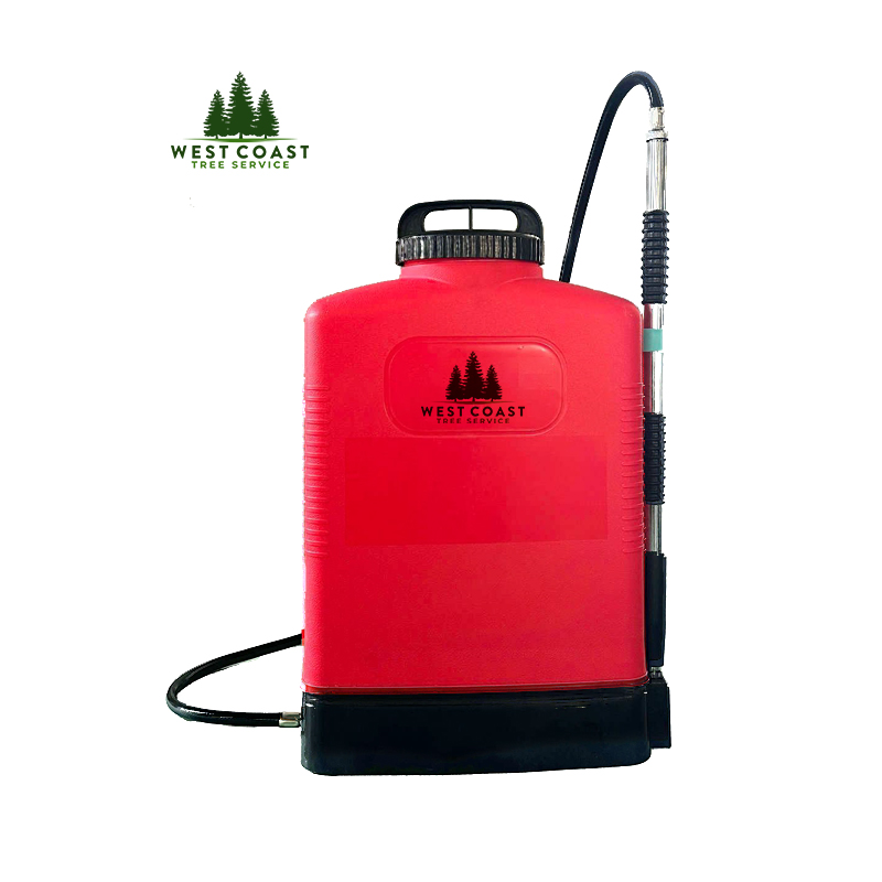 Red 5-gallon water pump backpack with West Coast Tree Service branding, featuring a manual pump for controlled water application, ideal for forestry and landscaping.