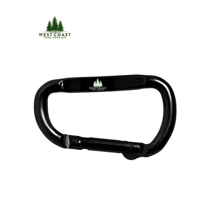 Black carabiner with West Coast Tree Service branding, ideal for secure attachment in tree work, climbing, and outdoor activities.