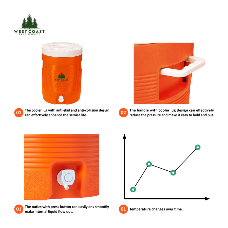 10-gallon water cooler jug with anti-skid design, ergonomic handle, and press-button spout by West Coast Tree Service, ideal for outdoor hydration.