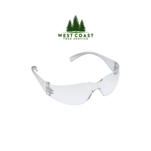 Clear safety glasses with a wrap-around design, ideal for eye protection in industrial and outdoor settings.