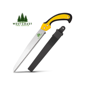 Hand saw with a yellow and black ergonomic handle and black scabbard, designed for pruning and cutting, from West Coast Tree Service.