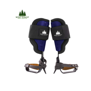 Steel tree climber spikes with ergonomic padding and adjustable straps, designed for stability and comfort, from West Coast Tree Service.