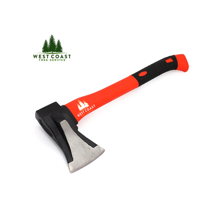 36-inch axe with a red and black handle, sharp blade, and anti-slip grip from West Coast Tree Service, designed for forestry and landscaping work.