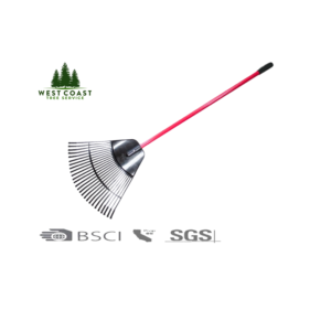 Red Tine Rake with a durable red handle and strong metal tines, certified by BSCI and SGS, ideal for yard and garden use.