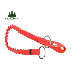 Bungee chainsaw strap in bright red with durable metal rings for secure attachment, ideal for arborists and tree service professionals.